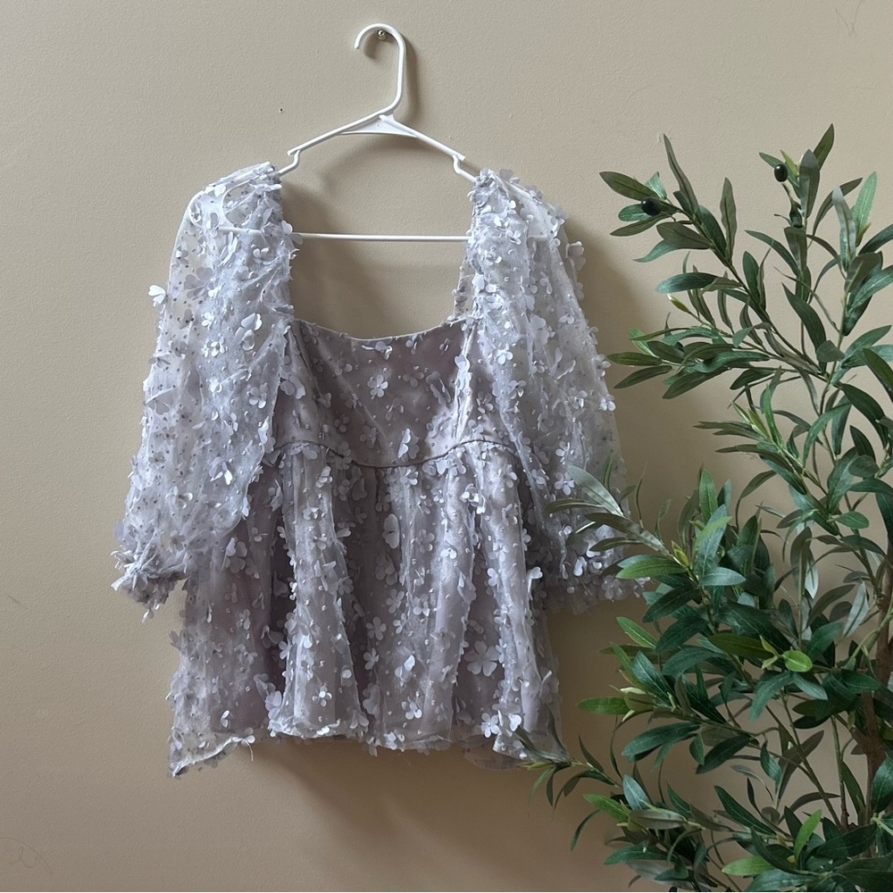 Molly Green Lilac Babydoll Floral Women's Square Neck Blouse, Puff Sleeve, Sz M